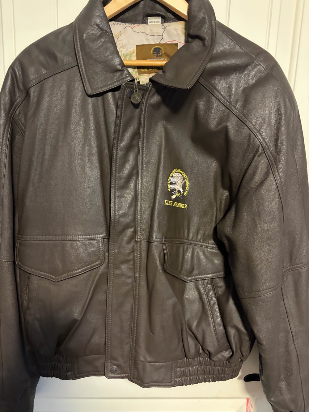 Men's Dark Brown Leathery Bomber Jacket Vintage with Embroidered Patch
